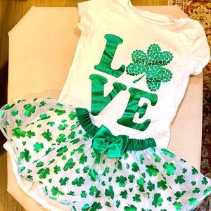 Girls St Patrick’s Day "love" t-shirt with four leaf clover tutu. Size 2T